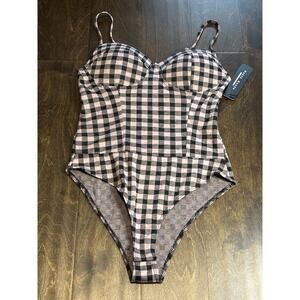 Haute Monde Bodysuit Sz Sm Black Pink Plaid Pattern Spaghetti Adjustable Strap